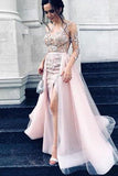 Sexy Long Sleeves Pink Tulle Lace Appliques Mermaid Prom Dress Evening Dress OK1228
