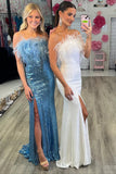 Sequin Feather Strapless Long Formal Evening Gown with Slit Prom Dress OK1892