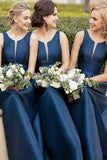 Simple A-Line Satin Navy Blue Bridesmaid Dresses with Illusion V Inset OKN2