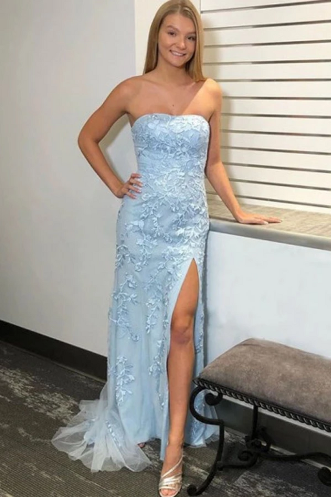 Mermaid Strapless Split Light Blue Prom Dress Long Formal Dress With Appliques OKY36