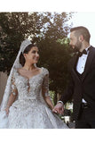 Princess Long Sleeves A Line Ball Gown Wedding Dress With Applique OKE70