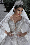 Princess Long Sleeves A Line Ball Gown Wedding Dress With Applique OKE70