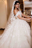 A Line Off The Shoulder Tulle Wedding Dress With Lace Applique OKE66
