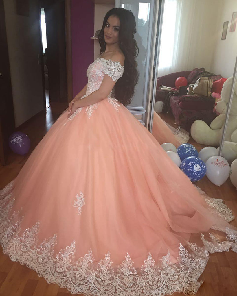 Off the Shoulder Lace Appliques Ball Gowns Cheap Prom Dresses,Quinceanera Dresses OKH96