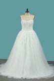Sweetheart Tulle A Line Wedding Dress With Applique Beads Sweep Train OKE75