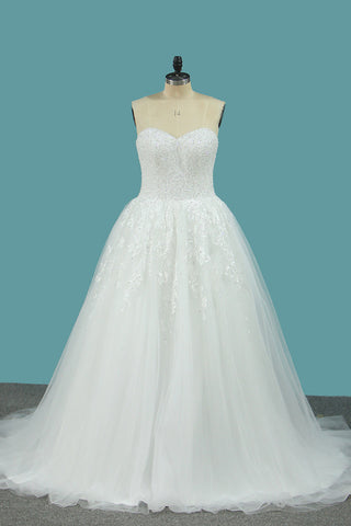 Sweetheart Tulle A Line Wedding Dress With Applique Beads Sweep Train OKE75