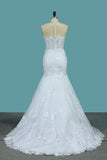 New Arrival Tulle Scoop Wedding Dresses Mermaid With Lace Appliques OKE77
