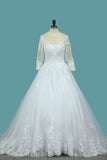 A Line 3/4 Sleeves Tulle Scoop Wedding Dress With Applique OKE73