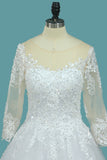 A Line 3/4 Sleeves Tulle Scoop Wedding Dress With Applique OKE73