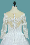 A Line 3/4 Sleeves Tulle Scoop Wedding Dress With Applique OKE73