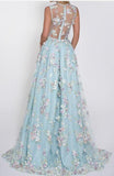 Floral Lace Deep V-neck A Line Light Sky Blue Princess Prom Dresses OKA42