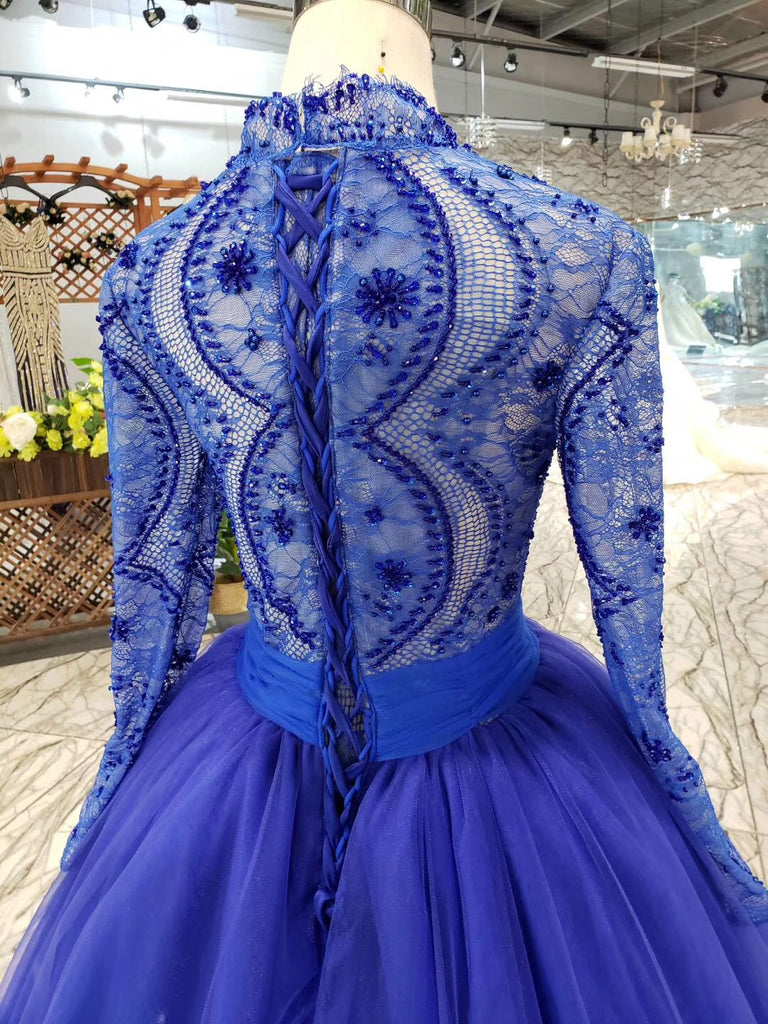 Royal Blue Tulle Long Sleeves Prom Dress, Quinceanera Dresses OKK8