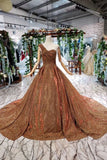 Brown One Shoulder Lace Up Back Sequins Beads Prom Dress OKL19