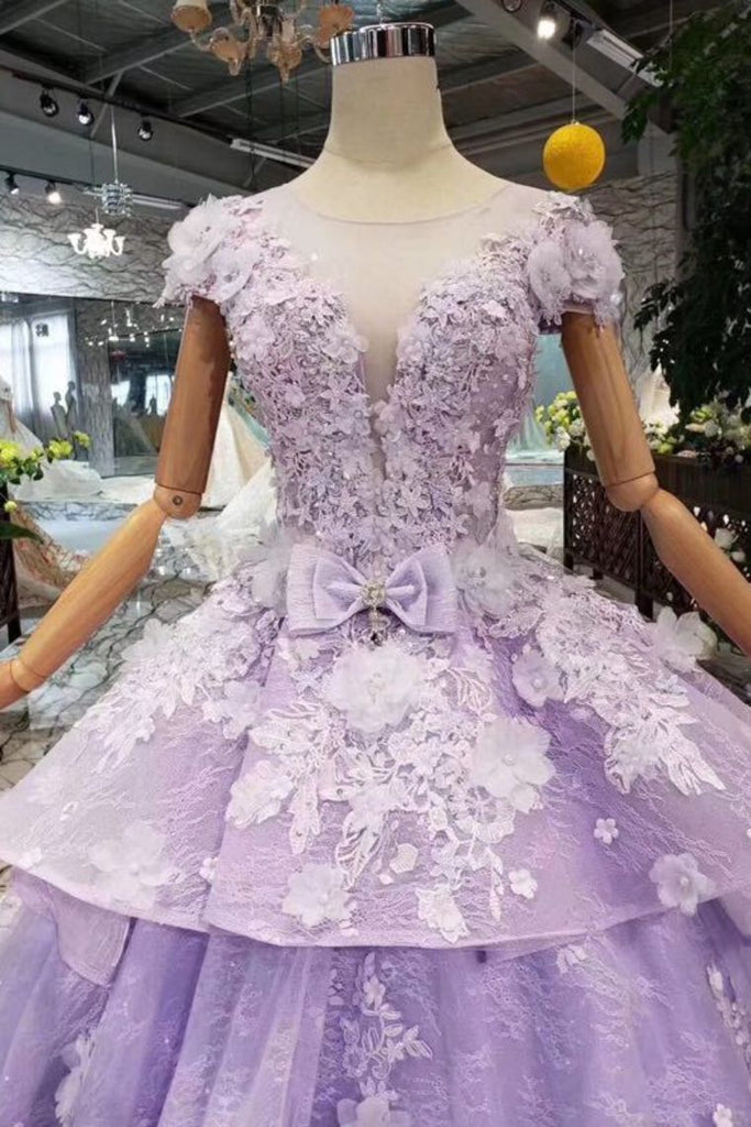 Lilac Short Sleeves Lace Up Back Appliqued Tulle Princess Prom Dress OKL20