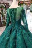 Scoop Long Sleeves Lace Up Back Green Prom Dress OKL21