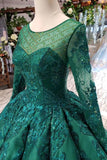 Scoop Long Sleeves Lace Up Back Green Prom Dress OKL21