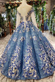 Scoop Long Sleeves Lace Up Back Blue Appliques Prom Dress OKL23