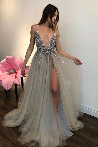 Long Backless Grey Sexy Prom Dress with Slit Cheap Beaded Evening Gowns OKH62