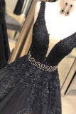 A Line Black Prom Dress With Appliques, Formal Evening Dress OKJ58