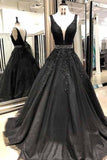 A Line Black Prom Dress With Appliques, Formal Evening Dress OKJ58