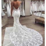 Stunning Mermaid Lace Spaghetti Straps Backless Wedding Dress OKV17