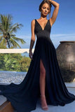 A-line V-neck Long Black Prom Dress Chiffon Evening Dress With Slit OKZ80