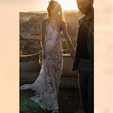 Latest Beach A-line Lace Bridal Wedding Gown Backless Plunge Wedding Dress OKV28