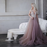 Deep V Neck Long A-line Prom Dress Rhinestones Beaded Tulle V Back Girl Party Gown OKW67