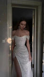 Off The Shoulder Shiny Sequins Wedding Dresses, High Side Slit Bridal Gowns OK1944