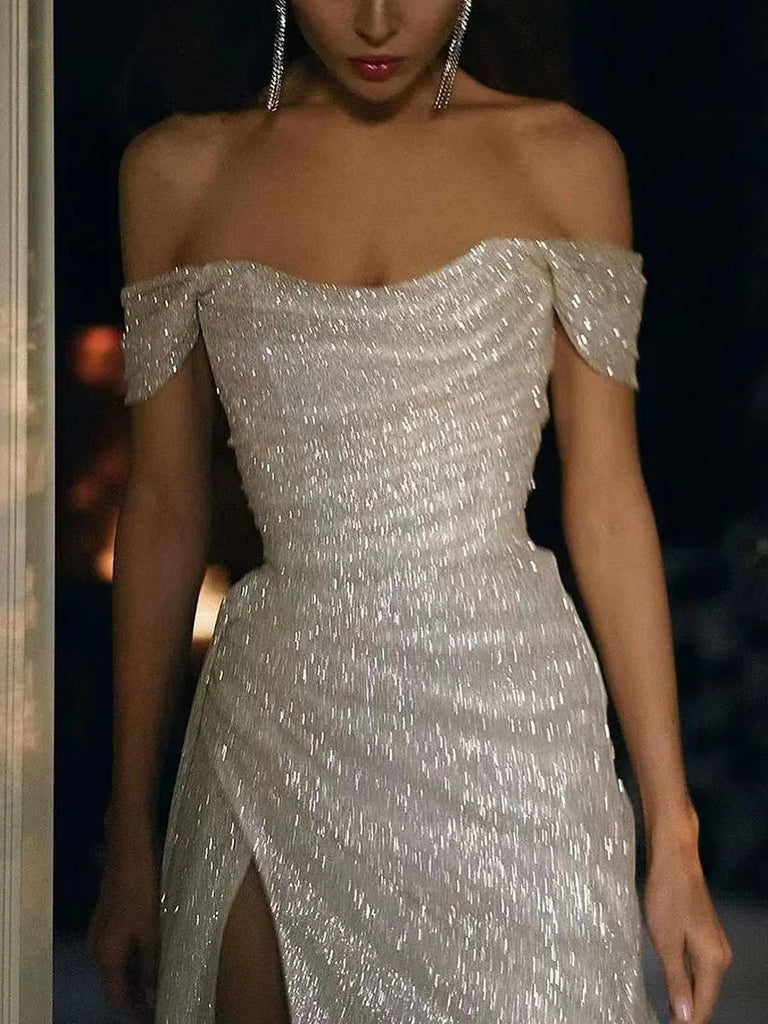 Off The Shoulder Shiny Sequins Wedding Dresses, High Side Slit Bridal Gowns OK1944