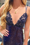 Navy Blue Sequin V-Neck Lace-Up Mermaid Long Prom Dresses With Straps OK1748