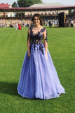 A Line Long SLeeves Blue Lace Appliques Prom Dress OKP84
