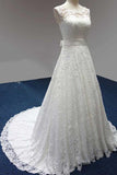 Elegant Bateau A-Line White Lace Long Sleeveless Wedding Dresses OK689
