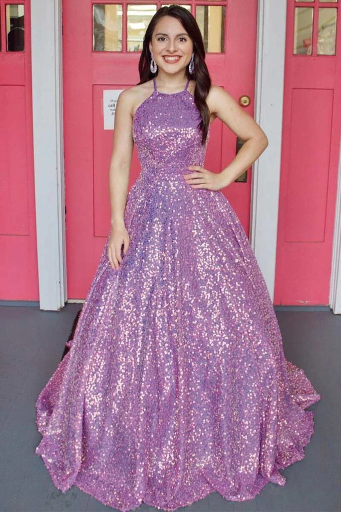 Purple Sequin Halter Backless A-Line Long Ball Gown Prom Dresses OK2025