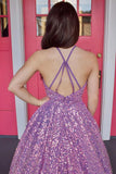 Purple Sequin Halter Backless A-Line Long Ball Gown Prom Dresses OK2025