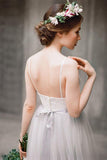 Spaghetti Straps Backless Grey Tulle Long Wedding Dress With Lace Applique OK531