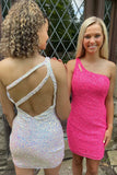 Unique Hot Pink Sequins One Shoulder Tight Mini Homecoming Dress OK1538