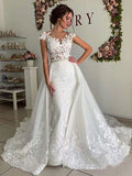 Mermaid V-Neck Cap Sleeves Detachable Lace Train Long Wedding Dress With Beads OK1513