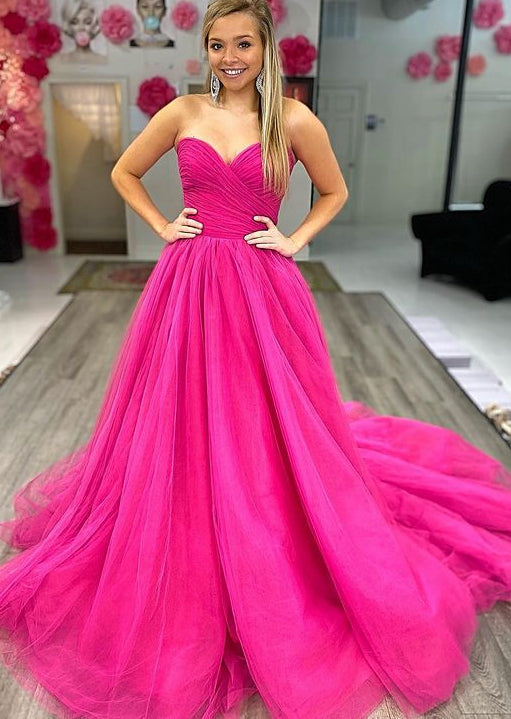 Strapless A Line Tulle Long Prom Dress Sweetheart Evening Dress Formal Party Dress OK1268