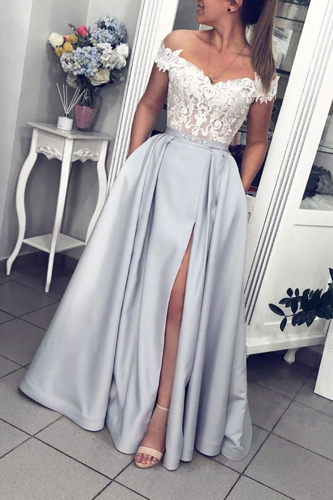 Gray Lace Appliqued Off Shoulder Satin Formal Prom Dress With Pockets Evening Dress OKQ42