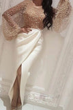 White Round Neck Beads Mermaid Long Prom Dresses With Pearls Evening Dress OKQ40