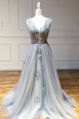 Gray A Line Round Neck Appliques Tulle Long Prom Dresses Evening Dress OKQ52