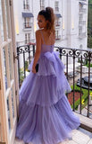 A Line Purple Tulle Long Prom Dress Layered Evening Formal Dress OK1298