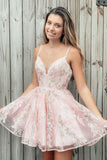 Spaghetti Strap A Line Appliques Pink Homecoming Dresses, Short Prom Dresses OKQ7