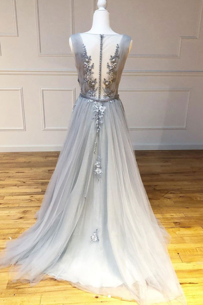 Gray A Line Round Neck Appliques Tulle Long Prom Dresses Evening Dress OKQ52