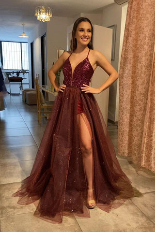 A Line Burgundy Spaghetti Straps Tulle Long Prom Dress With Slit OK1392