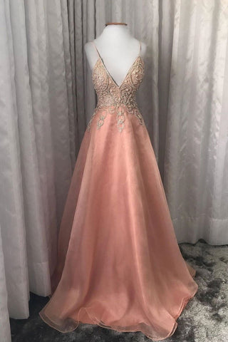 Pink V Neck Tulle Beads Long Prom Dresses Spaghetti Straps Evening Dress OKQ53