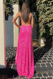 Hot Pink Sequined V-Neck Spaghetti Straps Backless Long Prom Dress Witth Slit OK1694