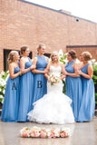 A-line One-Shoulder Floor-Length Blue Ruched Chiffon Bridesmaid Dress OKS46