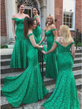 Mermaid Off-the-shoulder Sweep Train Green Lace Bridesmaid Dress OKR24